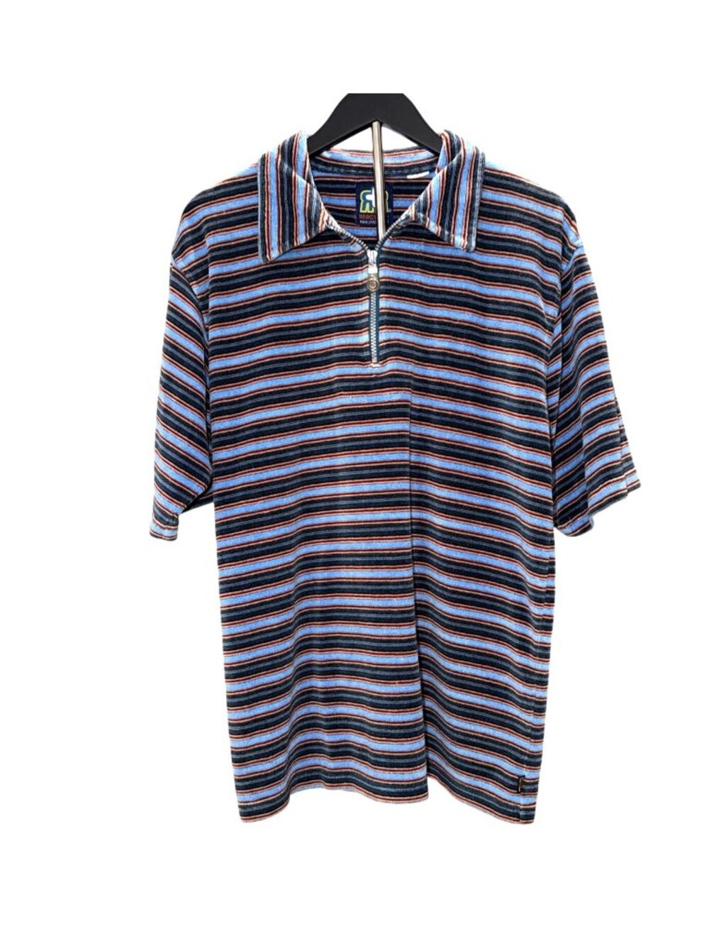 Reactor+ Mens L Striped Vintage Terry Cloth 70s Polo Shirt 1/4 Zip S/S 70s
